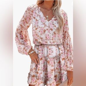 Blencot Women's Casual V Neck Boho Floral Dress Long Sleeve Mini L White Floral